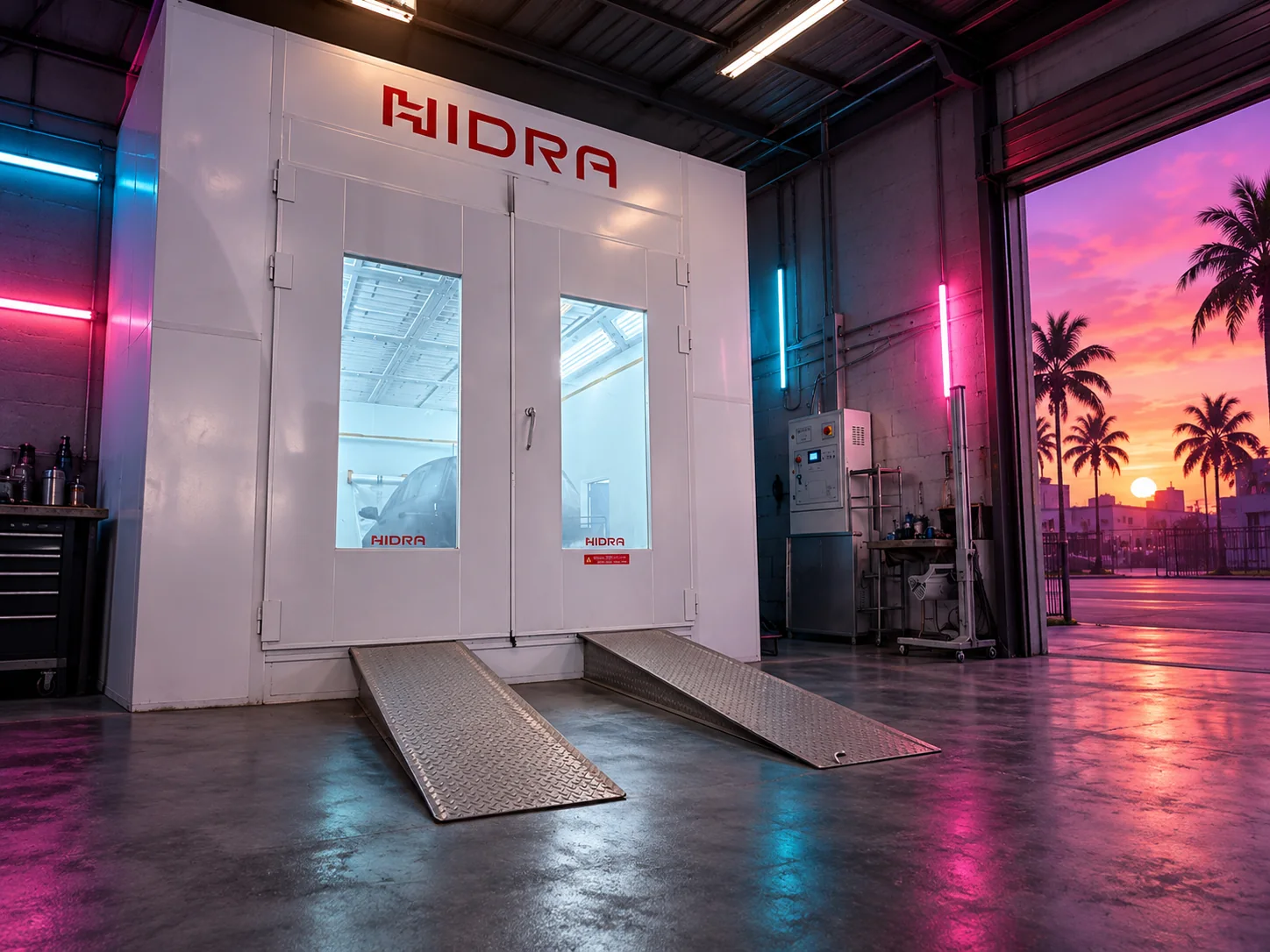 Cabine de peinture HIDRA de l’atelier Custom Cars — décor retouché