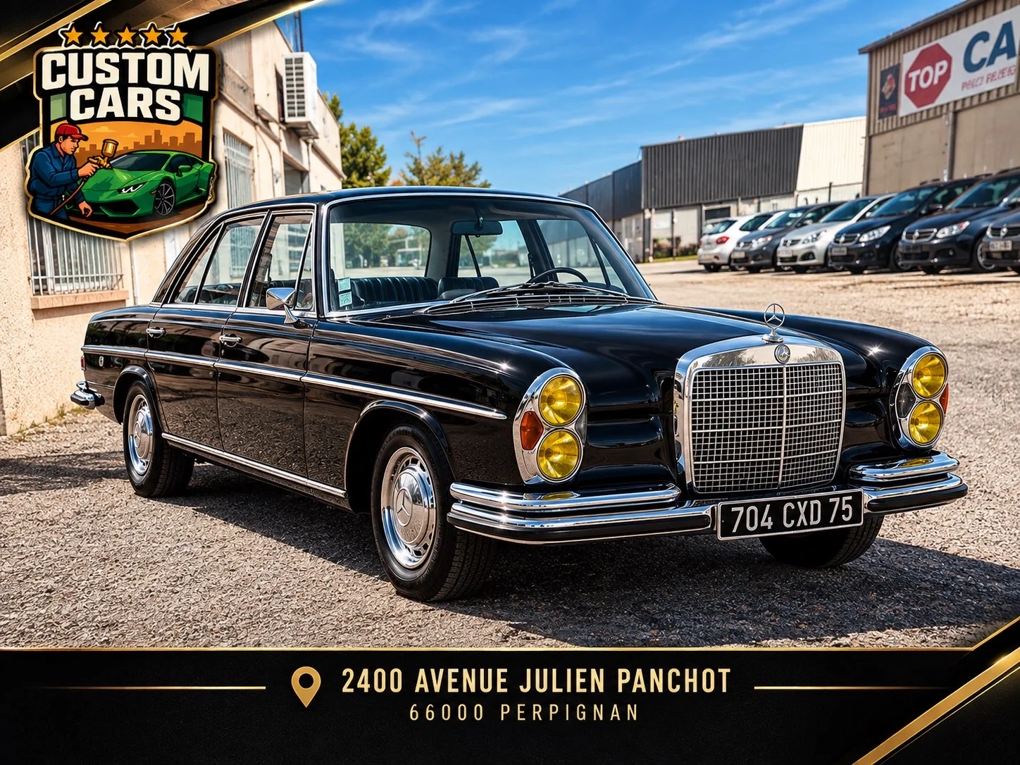 Photo extérieure de la Mercedes classique noire devant le garage